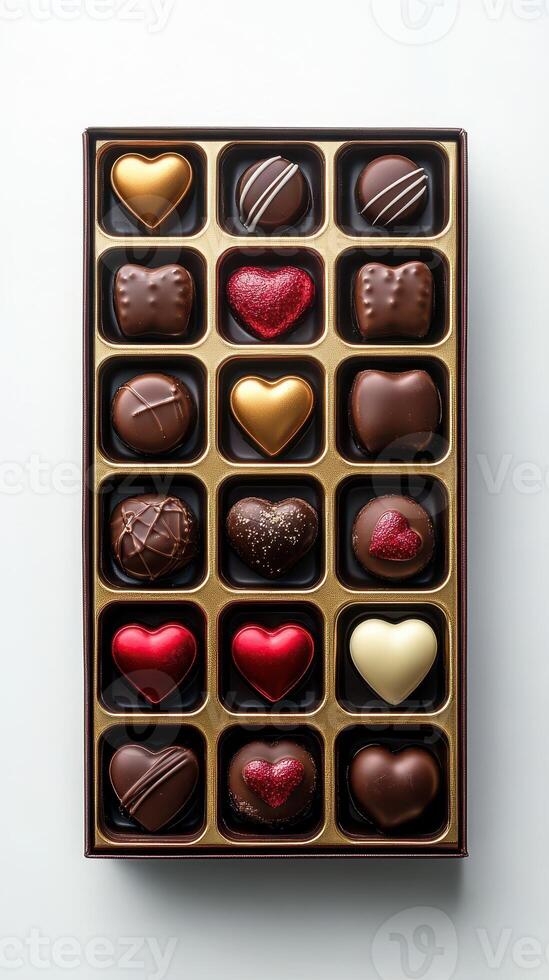 Assorted heart-shaped chocolates arranged neatly in a golden box for special occasions and celebrations photo