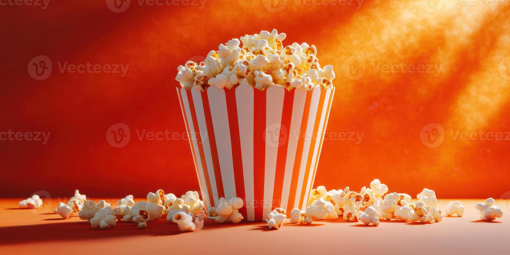 Colorful popcorn bucket overflowing with fresh popcorn against a vibrant orange background photo