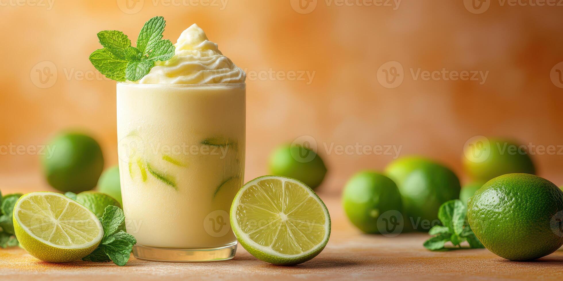 Refreshing lime smoothie served with whipped cream and mint on a wooden table surrounded by fresh limes photo