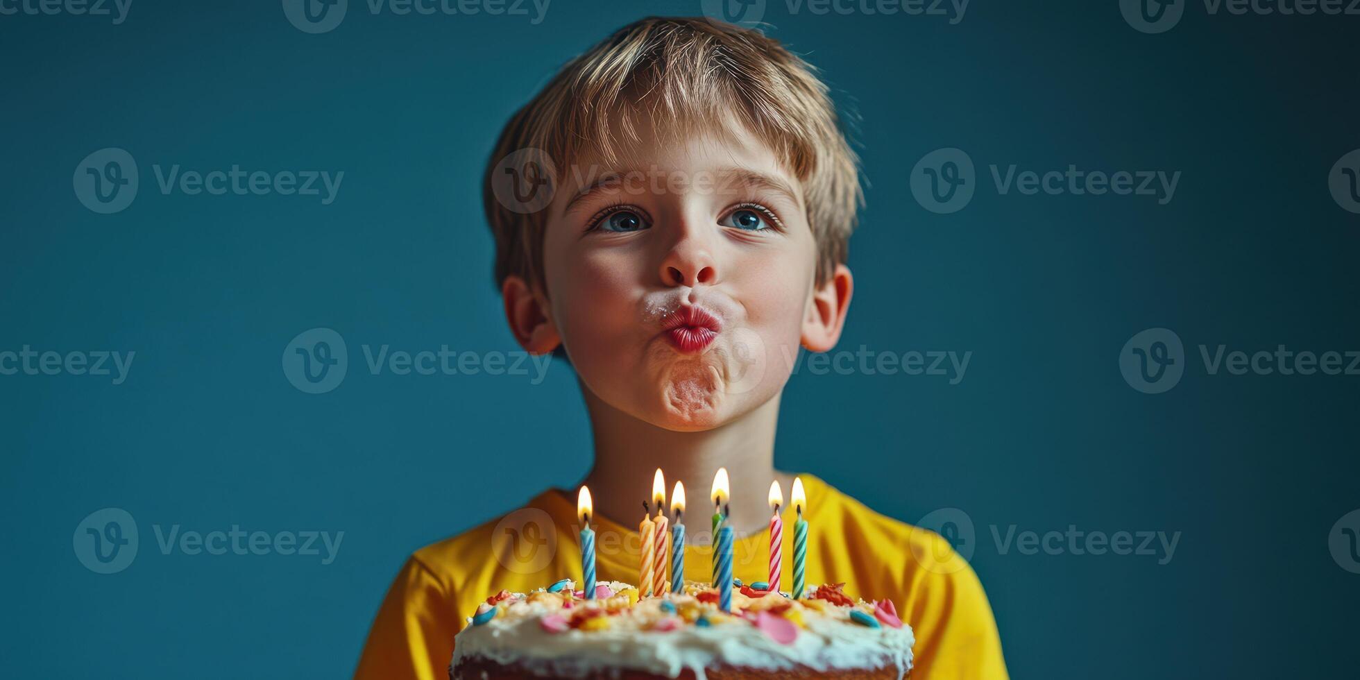 Child celebrates birthday with cake and candles in a cheerful atmosphere surrounded by colorful decorations photo