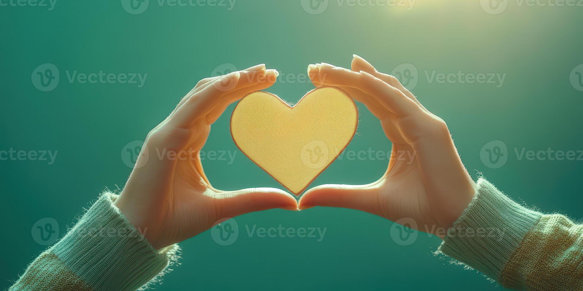 Hands forming a heart shape with a golden silhouette against a serene background in soft sunlight photo