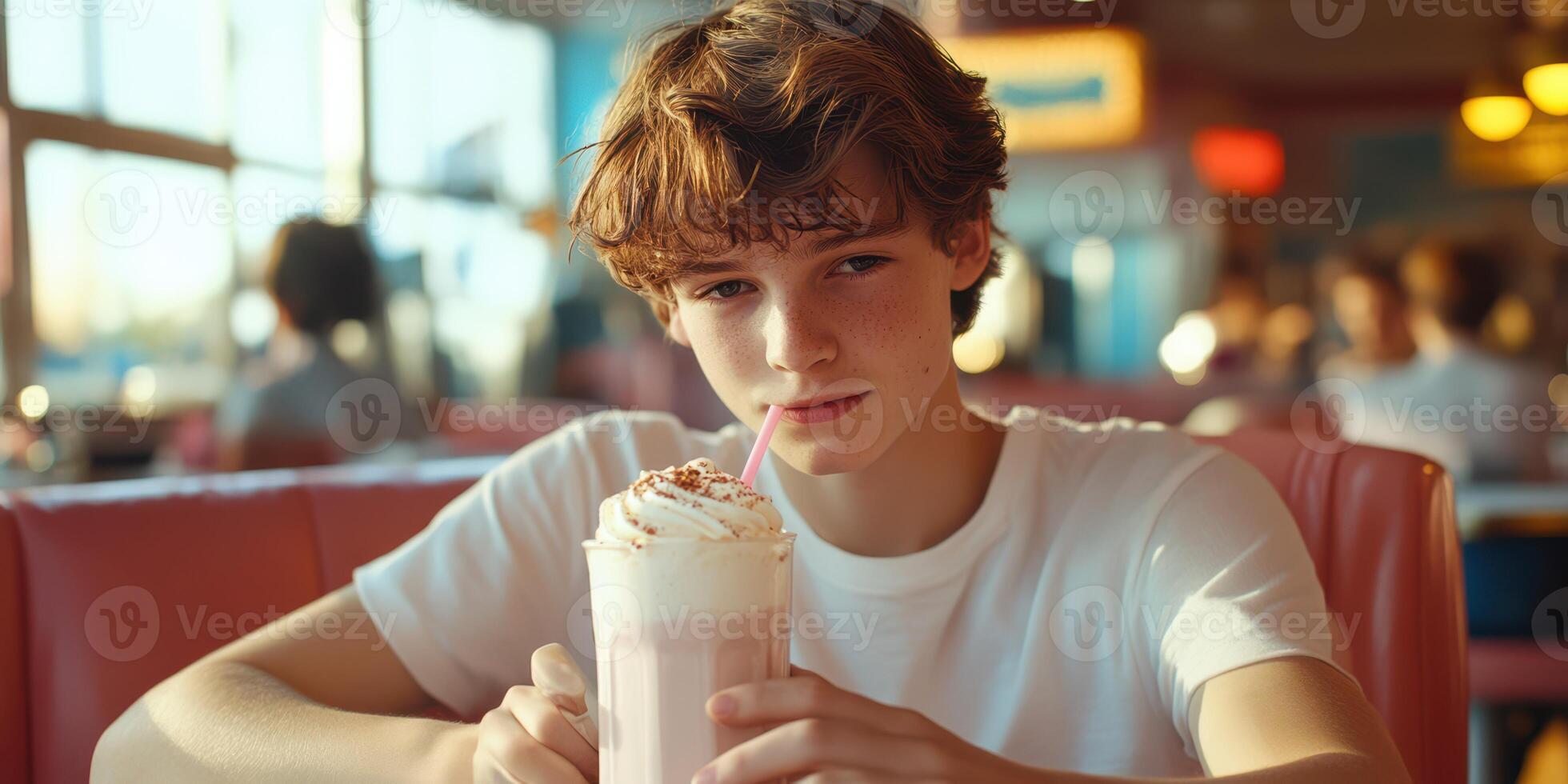 Teen enjoying a milkshake in a vibrant diner during the afternoon in a retro setting with bright colors and lively atmosphere photo