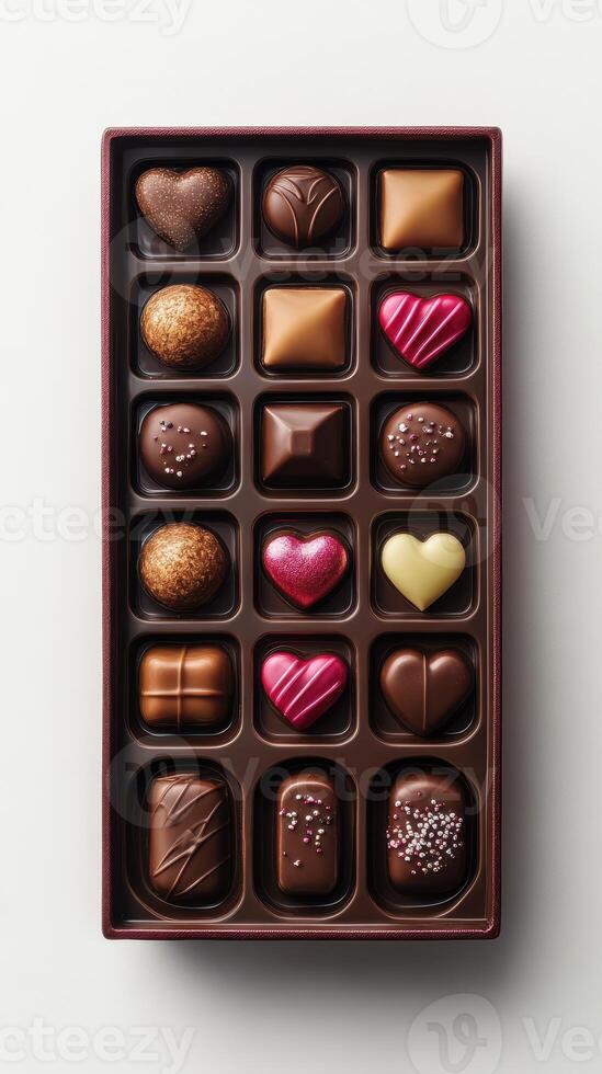 Gourmet chocolate assortment with various shapes, flavors, and colors displayed in an elegant box for special occasions photo