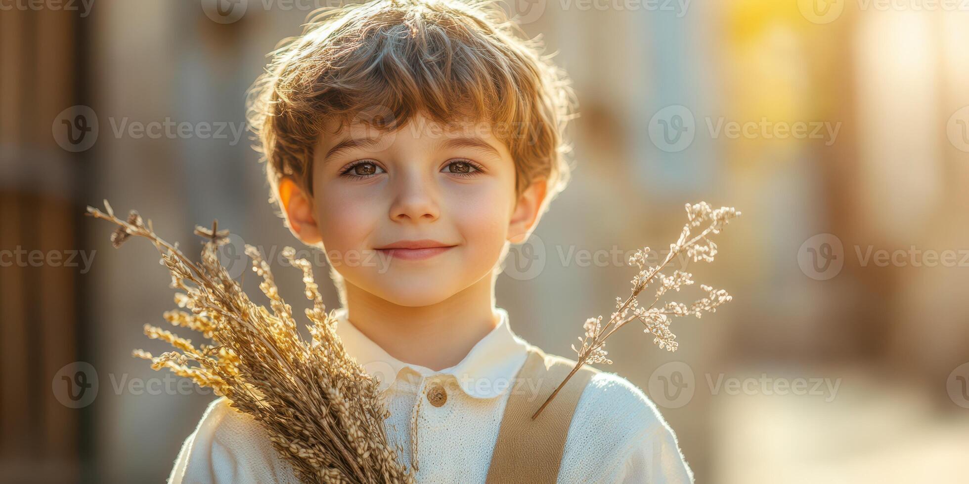 Young boy smiles while holding dried flowers in soft afternoon light during an outdoor setting in autumn photo