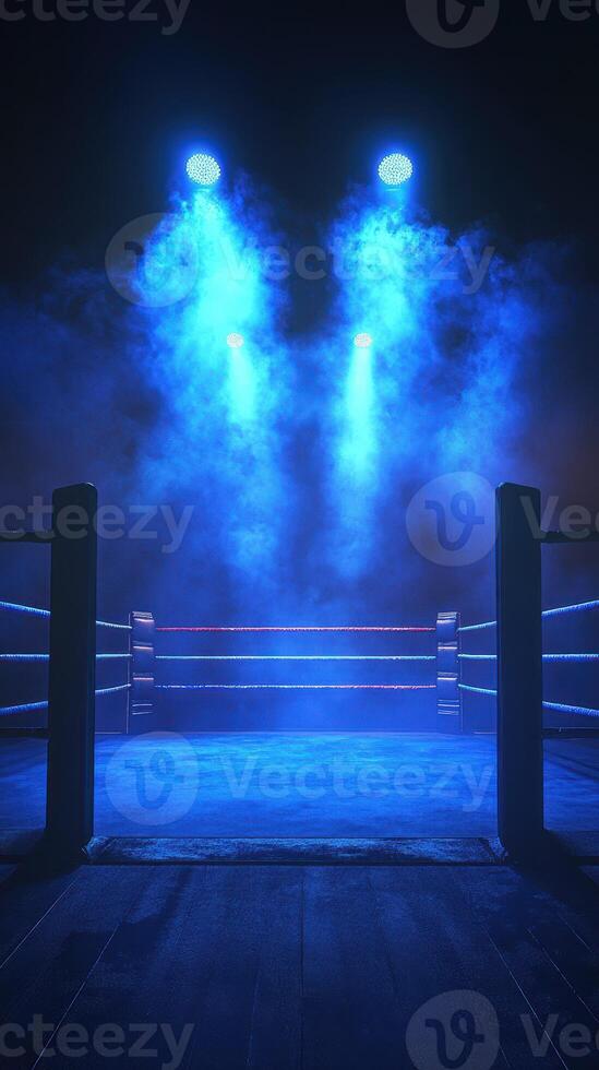 Blue spotlight illuminates an empty boxing ring in a darkened arena ready for an exciting match to begin photo