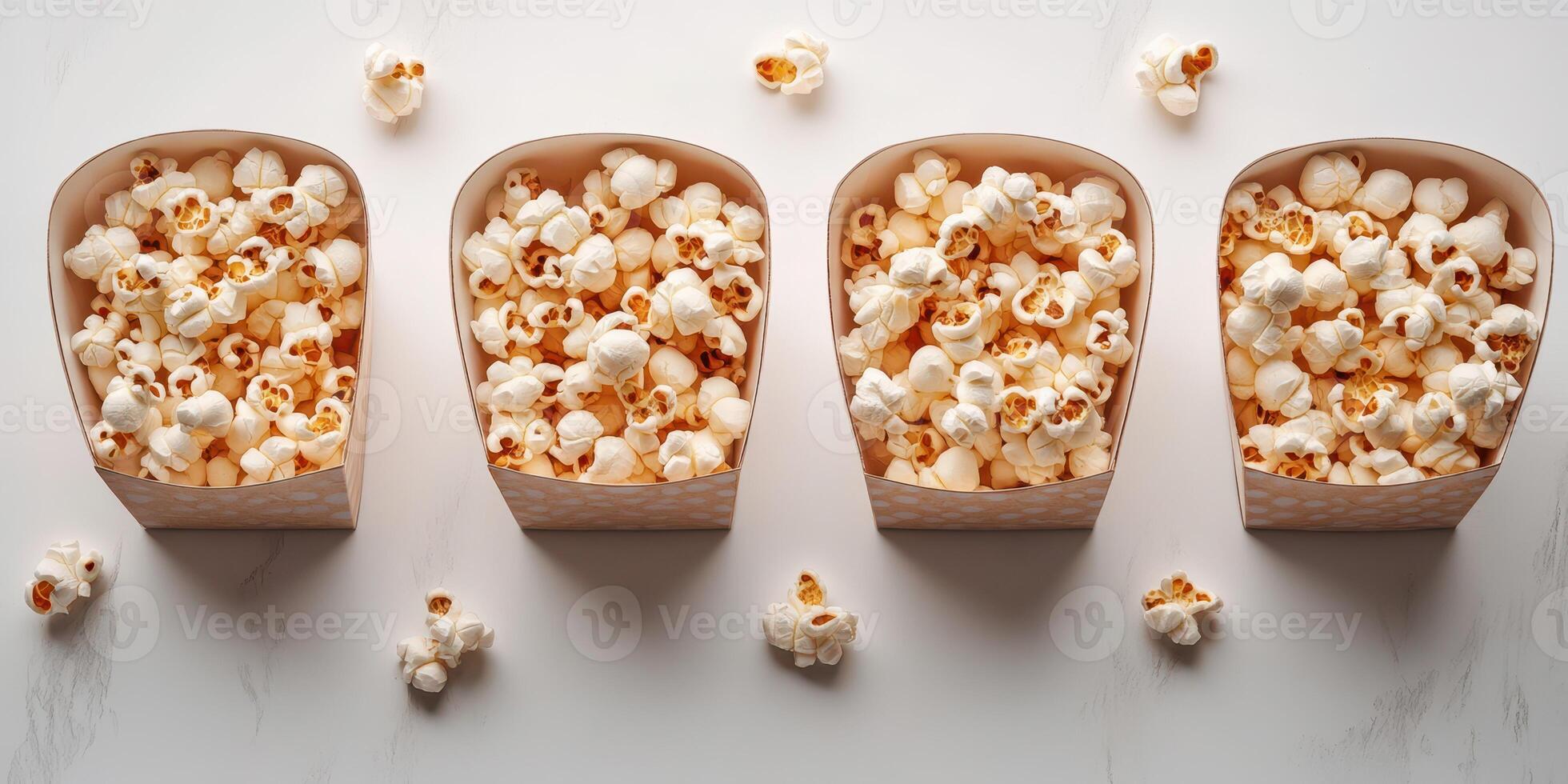 Freshly popped popcorn in multiple containers on a clean surface ready for movie night or snacking photo