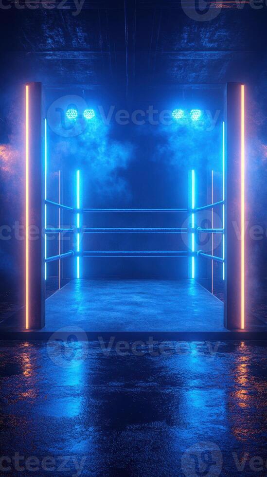 Brightly lit wrestling ring surrounded by vibrant blue and orange lights creates an electrifying atmosphere for an event photo