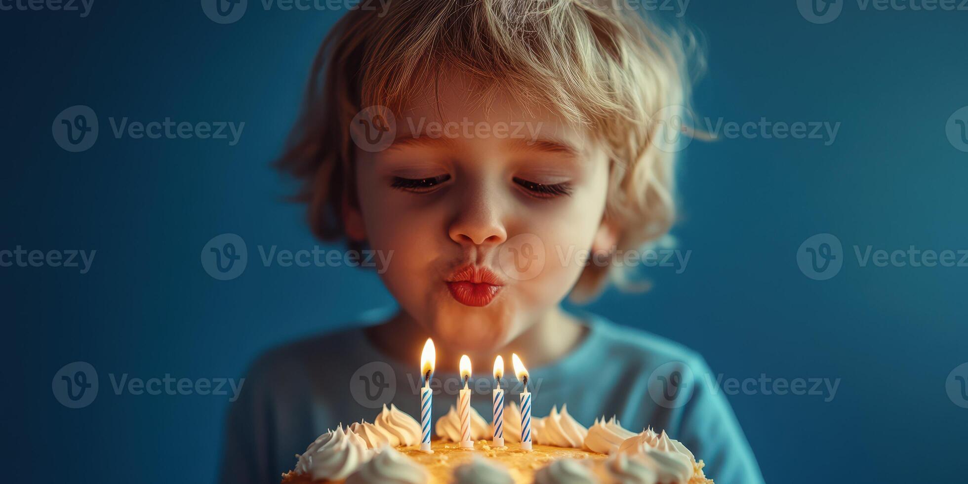 Young child blowing out birthday candles on a cake in a cozy setting with blue background photo