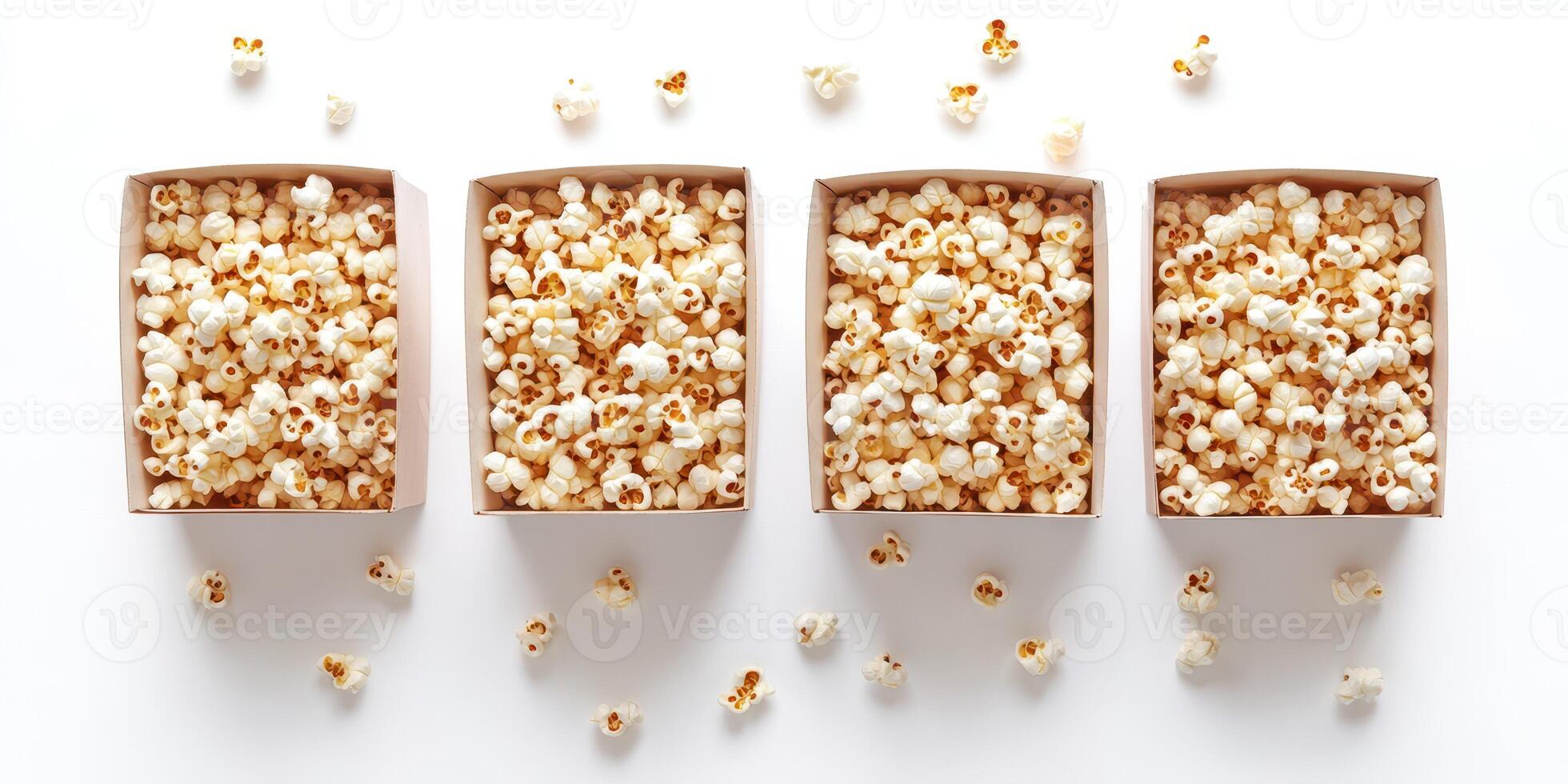 Popcorn served in four boxes arranged on a white surface, with scattered pieces around them photo