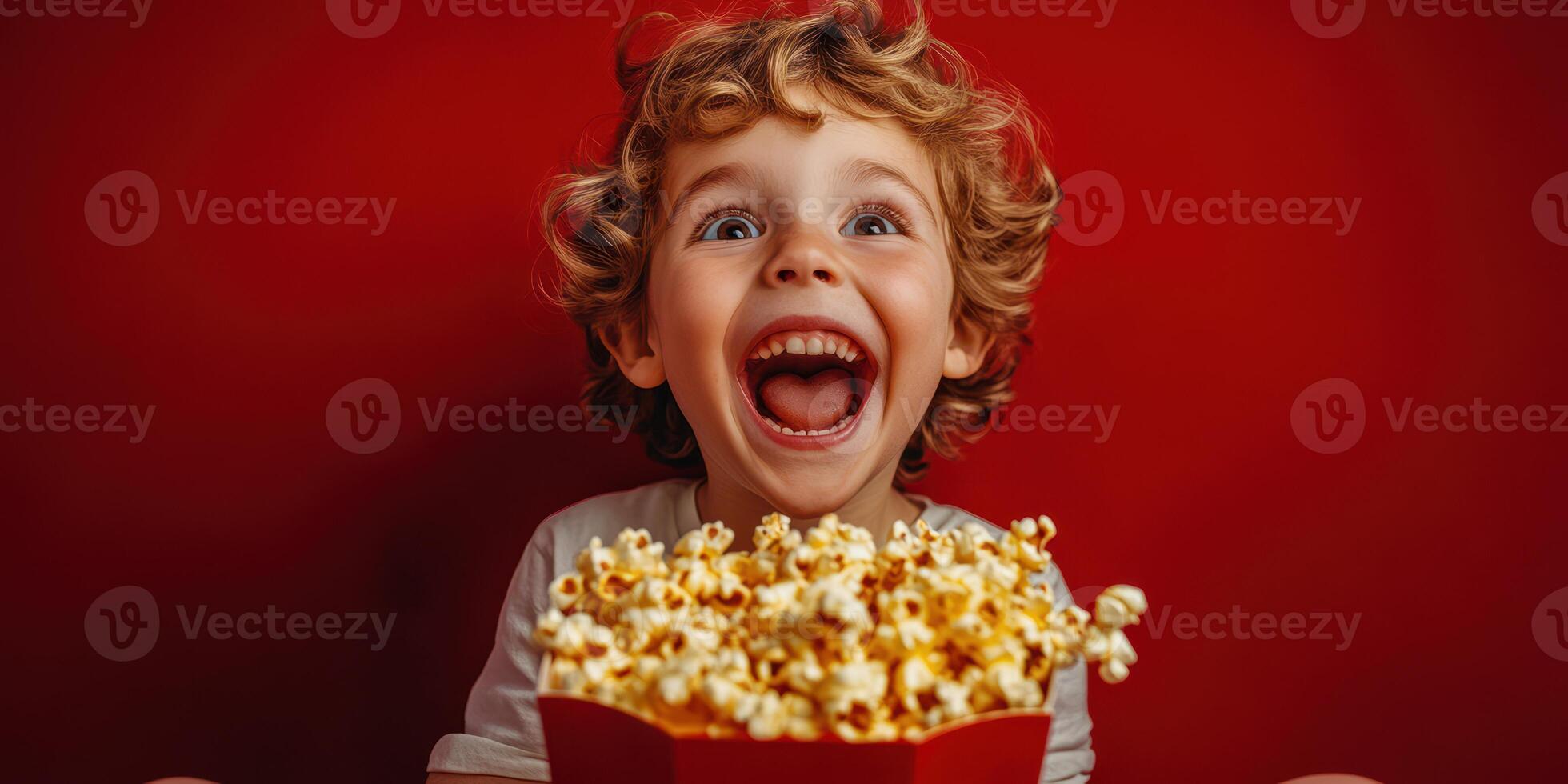 Excited child enjoys popcorn with a big smile in front of a vibrant red background at home photo