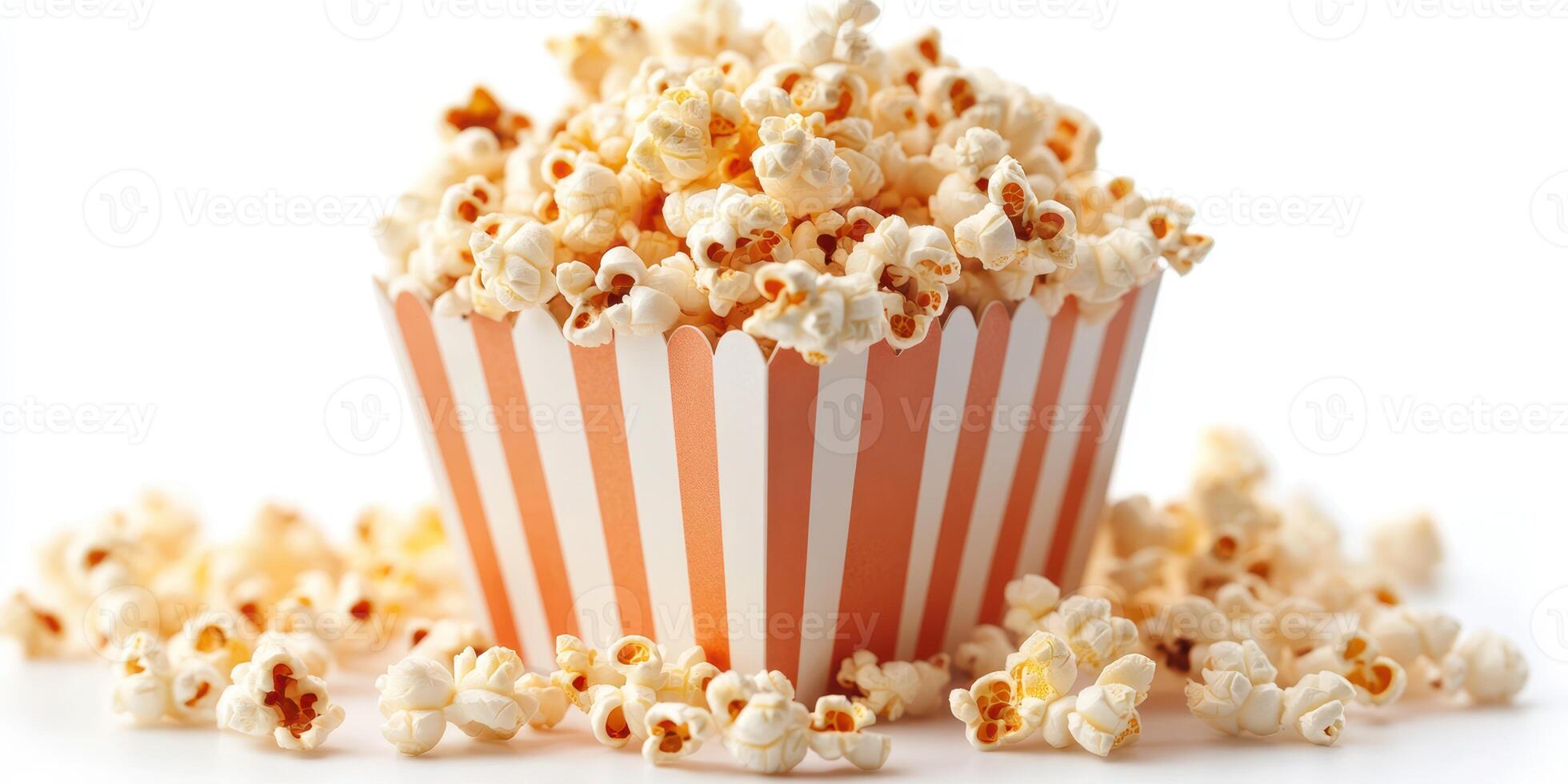 Popcorn overflowing from a striped container ready for a movie night or celebration in a cozy setting photo