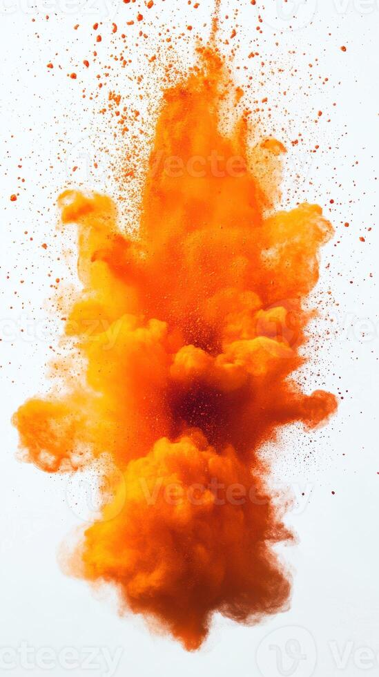 Bright orange powder explosion creating a vibrant cloud against a white background photo