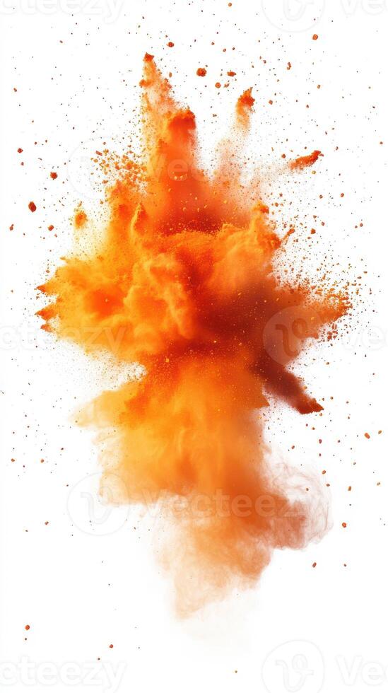 Vivid orange powder explosion caught in action creating a dynamic and energetic visual display in a bright environment photo