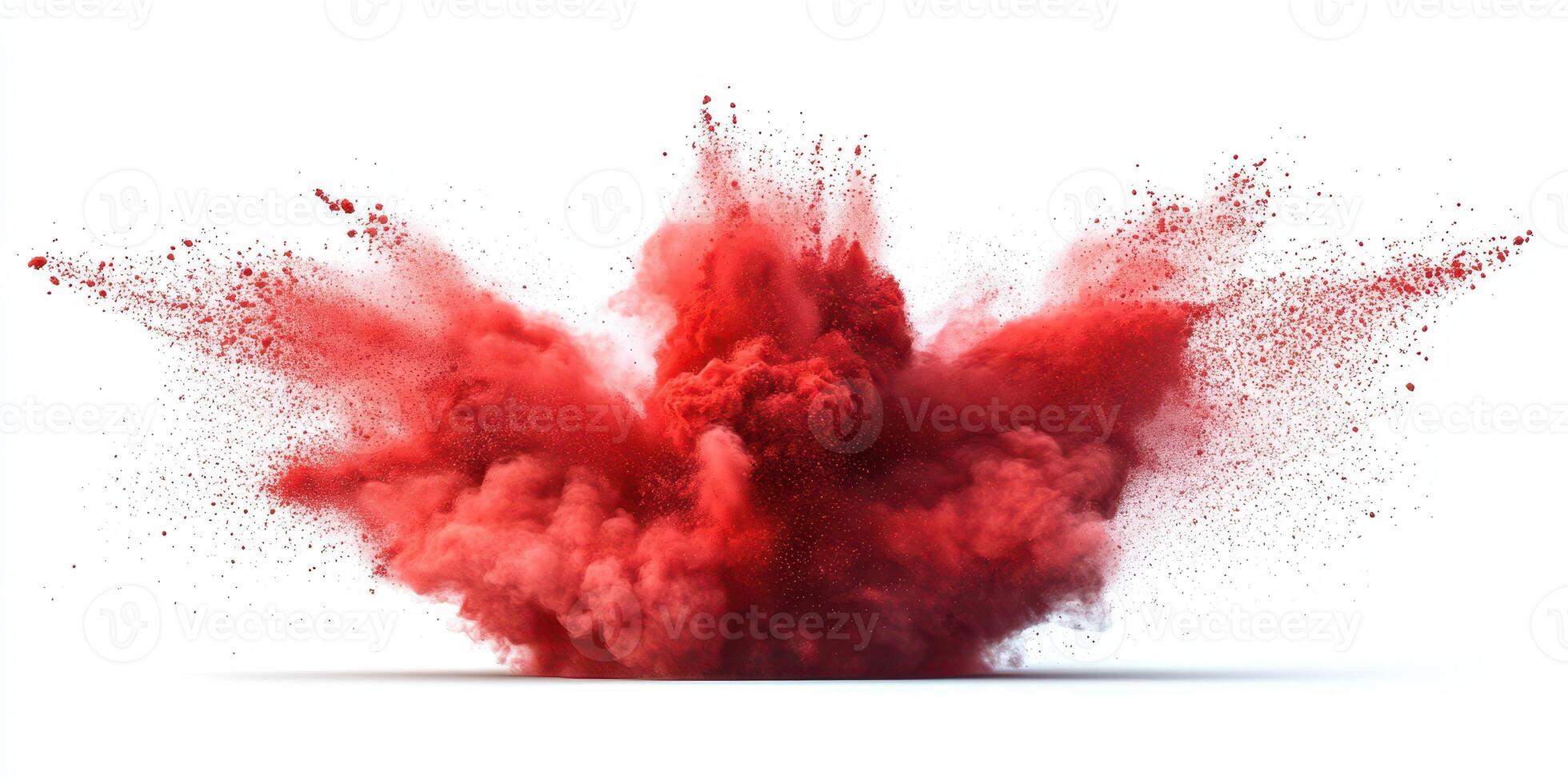 Vivid red powder explosion creating a dramatic cloud effect on a white background photo