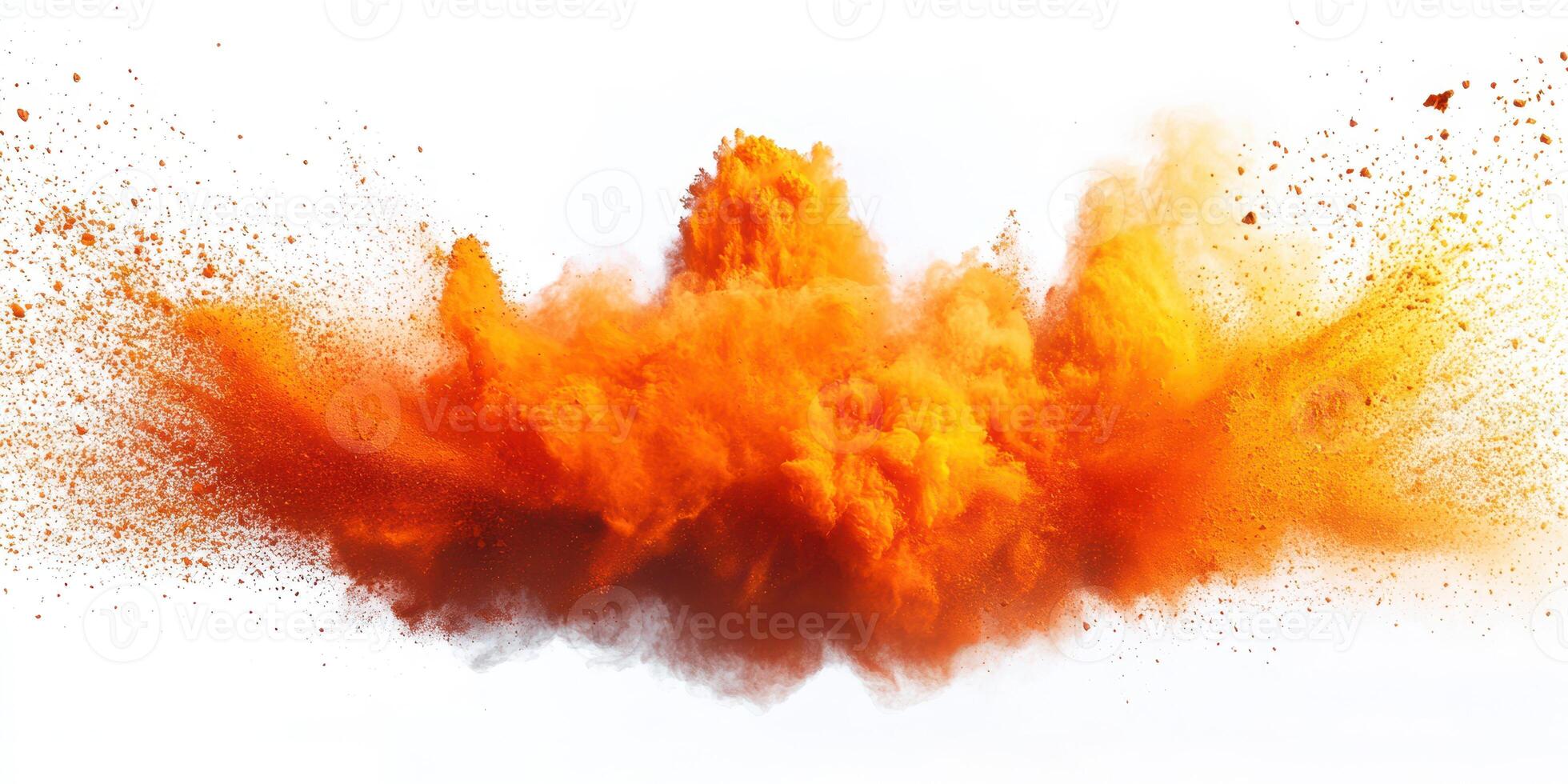 Vibrant orange powder explosion creates a dynamic and colorful visual display against a white background photo