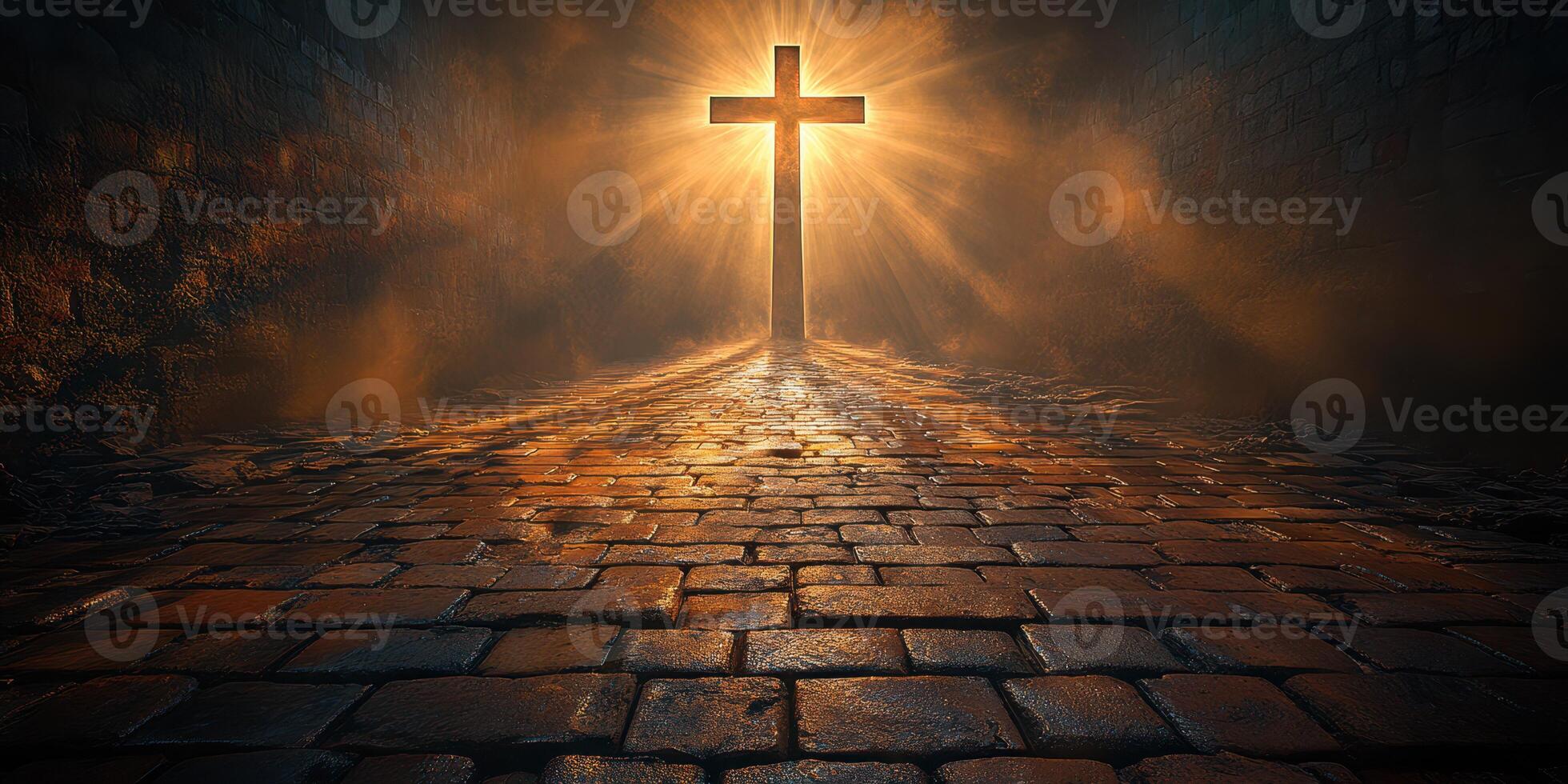 Light shines through a stone archway illuminating a cross in a dimly lit setting at dawn photo