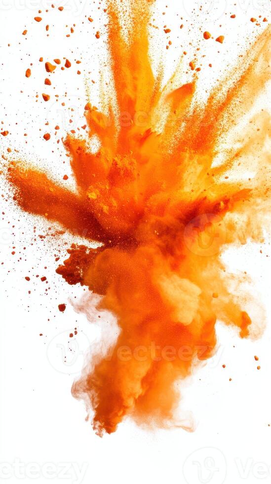 Orange powder explosion creates a vibrant cloud of color against a white background during an artistic demonstration in a studio setting photo