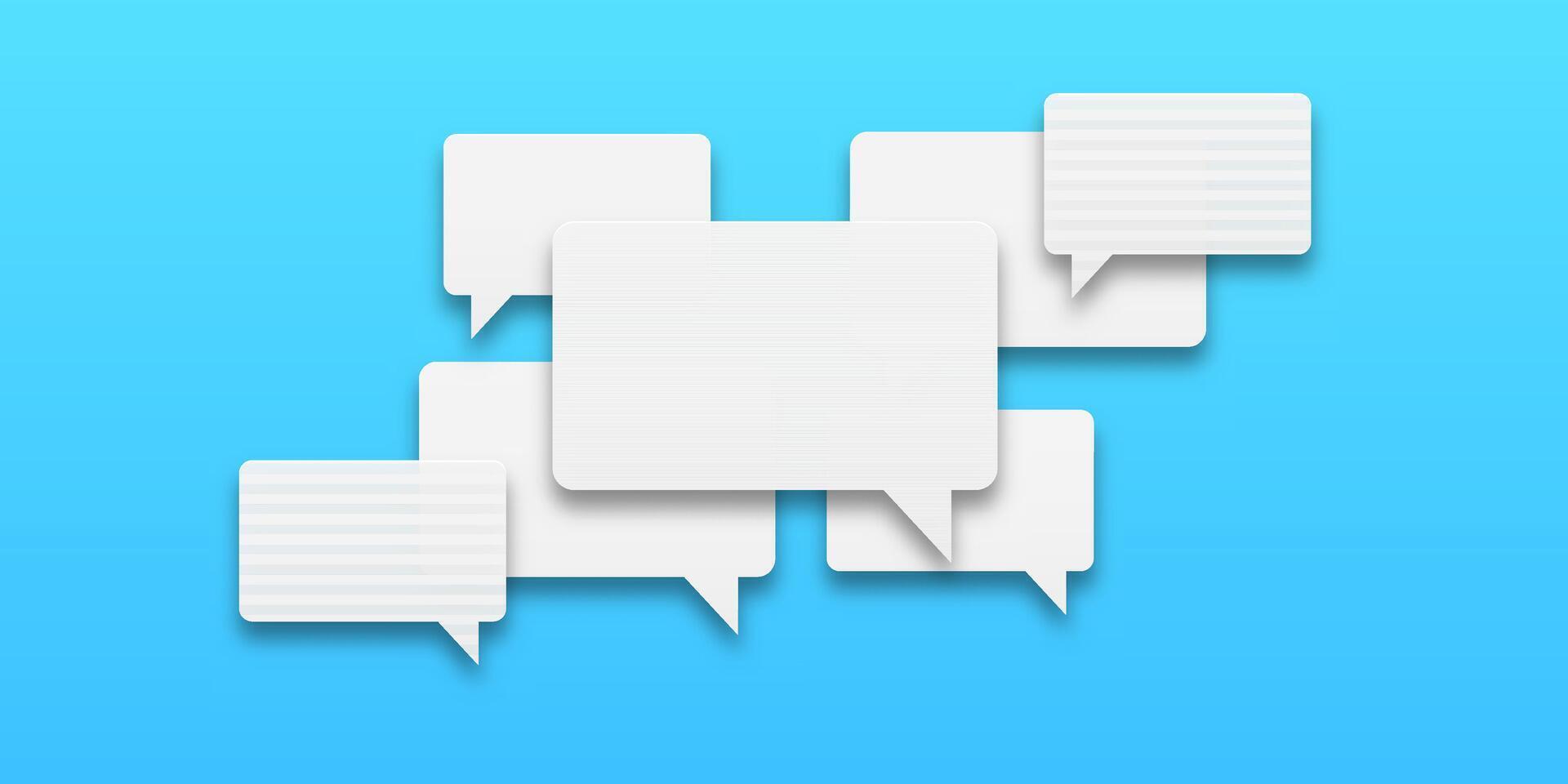 Set of white speech bubbles on a blue background. Represents human communication and active conversation, perfect for dialogue or chat themes. vector