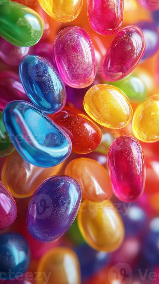 Colorful jelly beans piled together create a vibrant and enticing candy display at a local candy shop photo