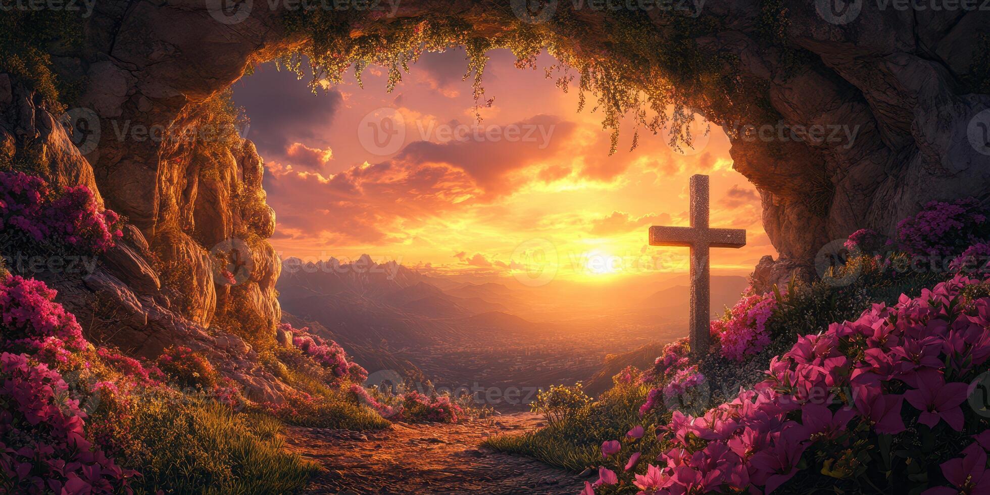 Stunning sunset view from a cave with flowers and a cross at twilight in a serene landscape photo