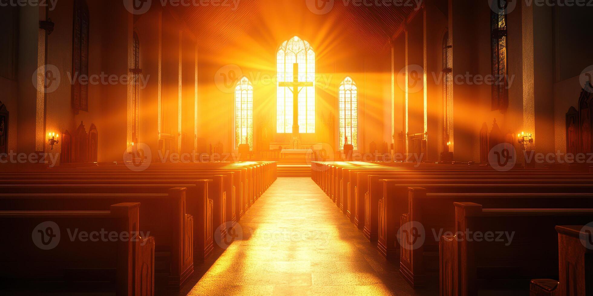 Sunlight streams through the stained glass windows of a serene church, illuminating the empty pews during golden hour photo