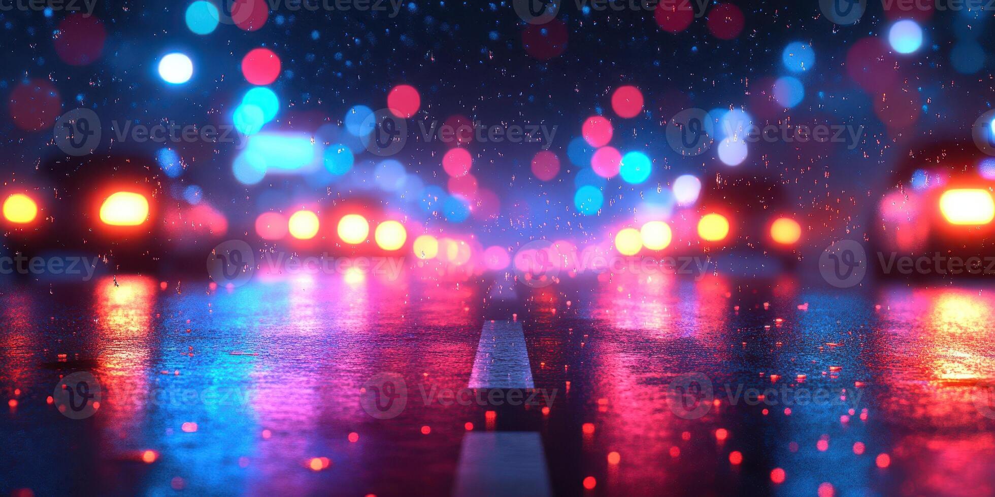 Vibrant city street illuminated by colorful lights on a rainy night photo