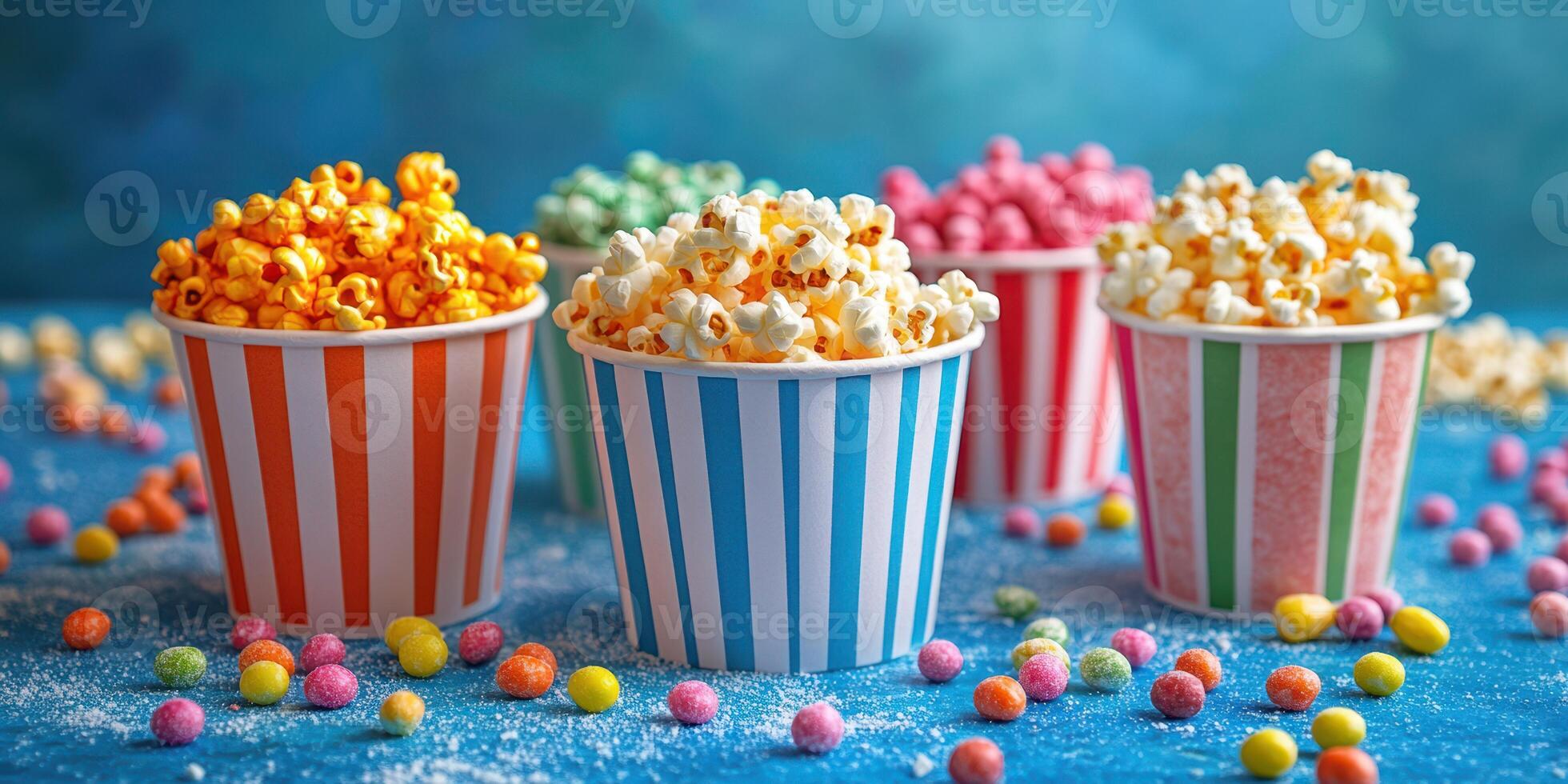 Colorful cups of popcorn and candy arranged on a vibrant blue surface, perfect for a festive celebration or movie night photo