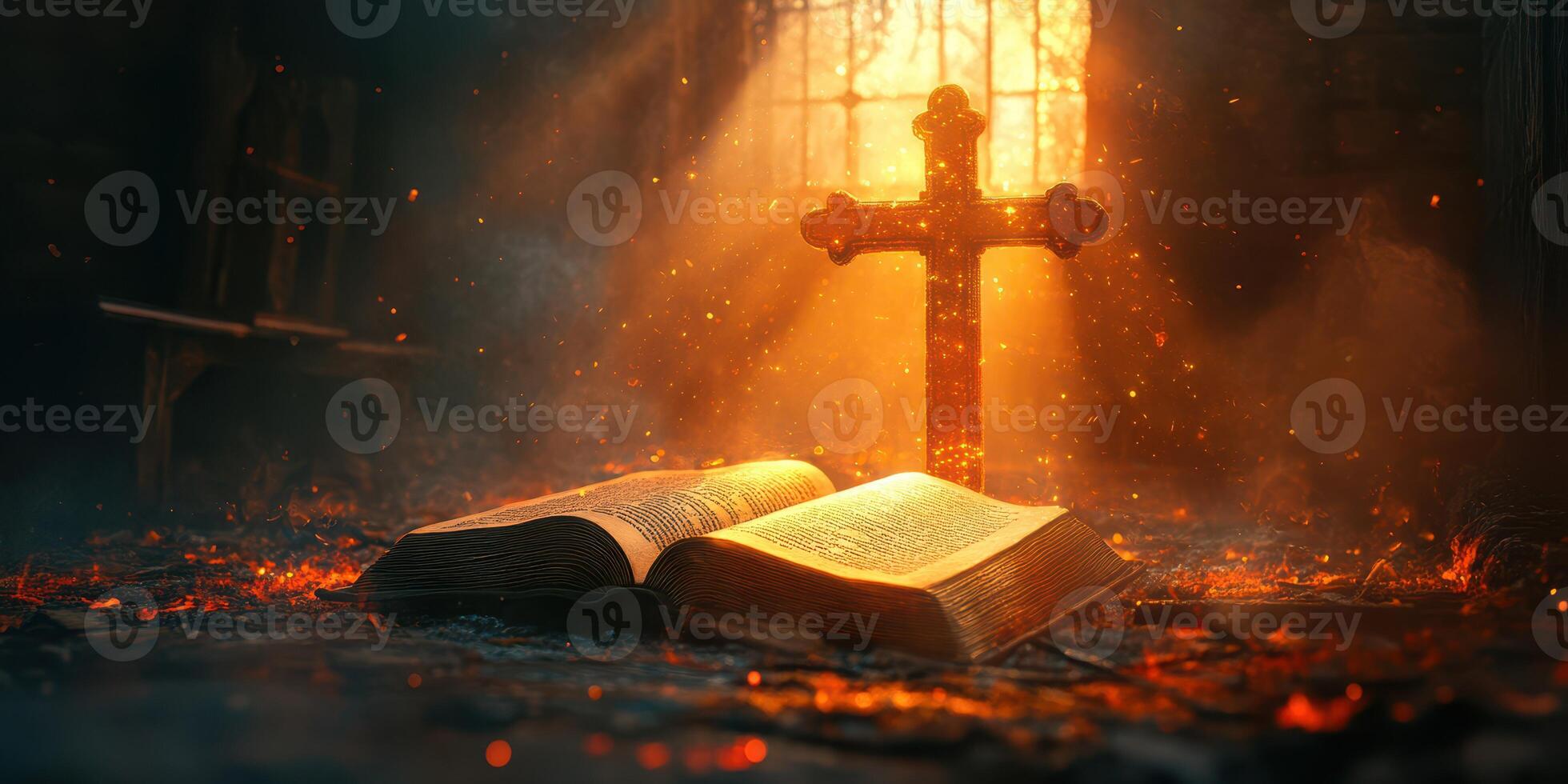 Light shines through dust and smoke, illuminating a cross beside an open book in an abandoned, dark room photo