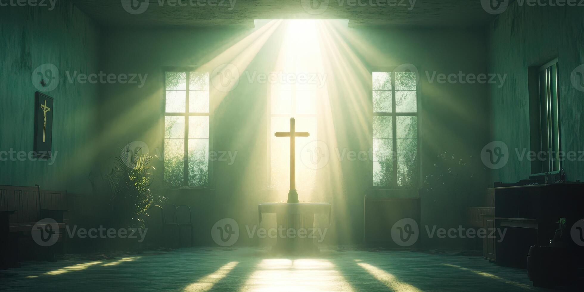 Light streams into a serene room highlighting a cross at a quiet location during early morning hours photo