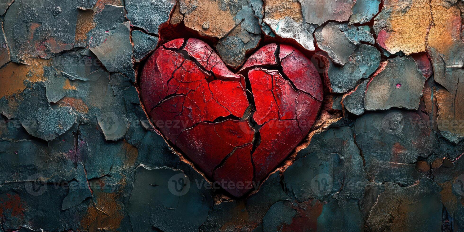 Heart design emerges from cracked, colorful wall surface showcasing artistic expression and emotion photo