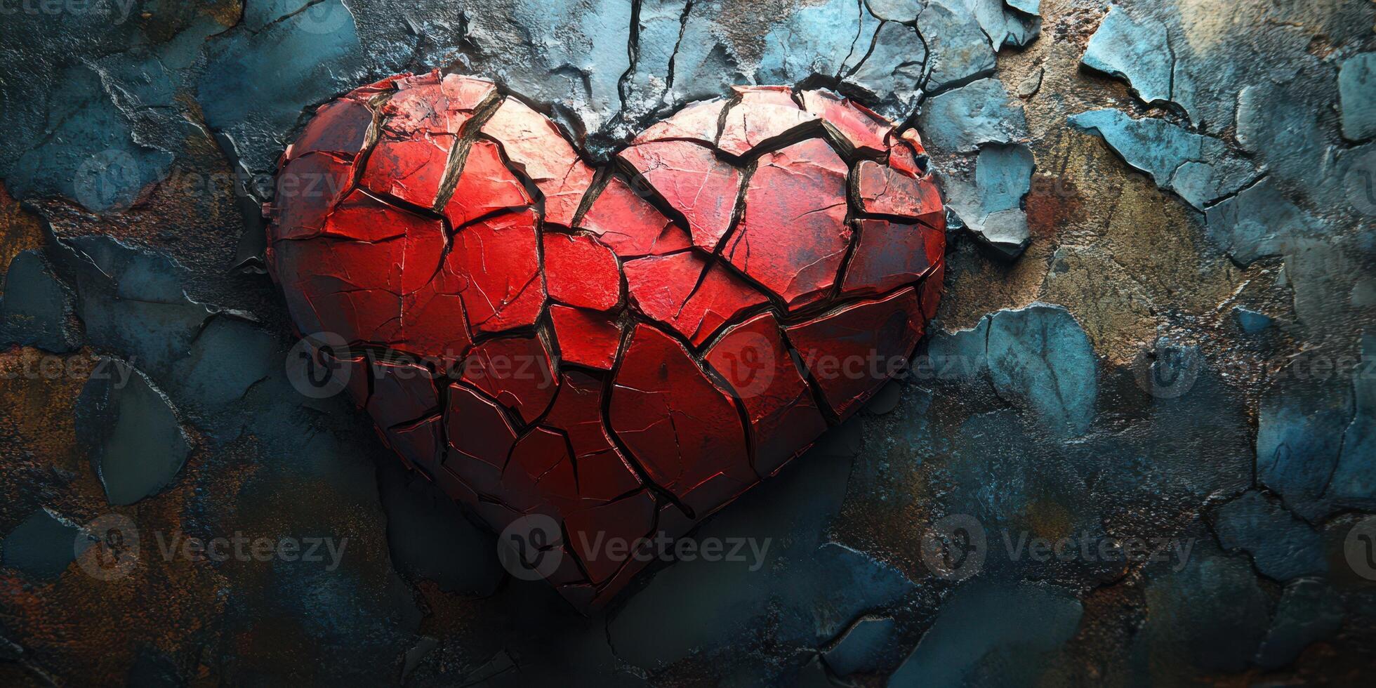 Cracked red heart against a textured, weathered blue and brown background evokes deep emotions and creative expression photo
