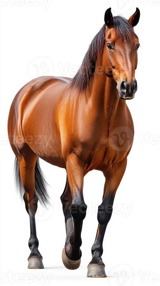 Strong brown horse walking gracefully in a bright studio environment during the day photo