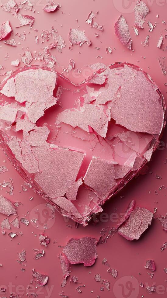 Broken heart shaped candy pieces scattered on a pink surface photo