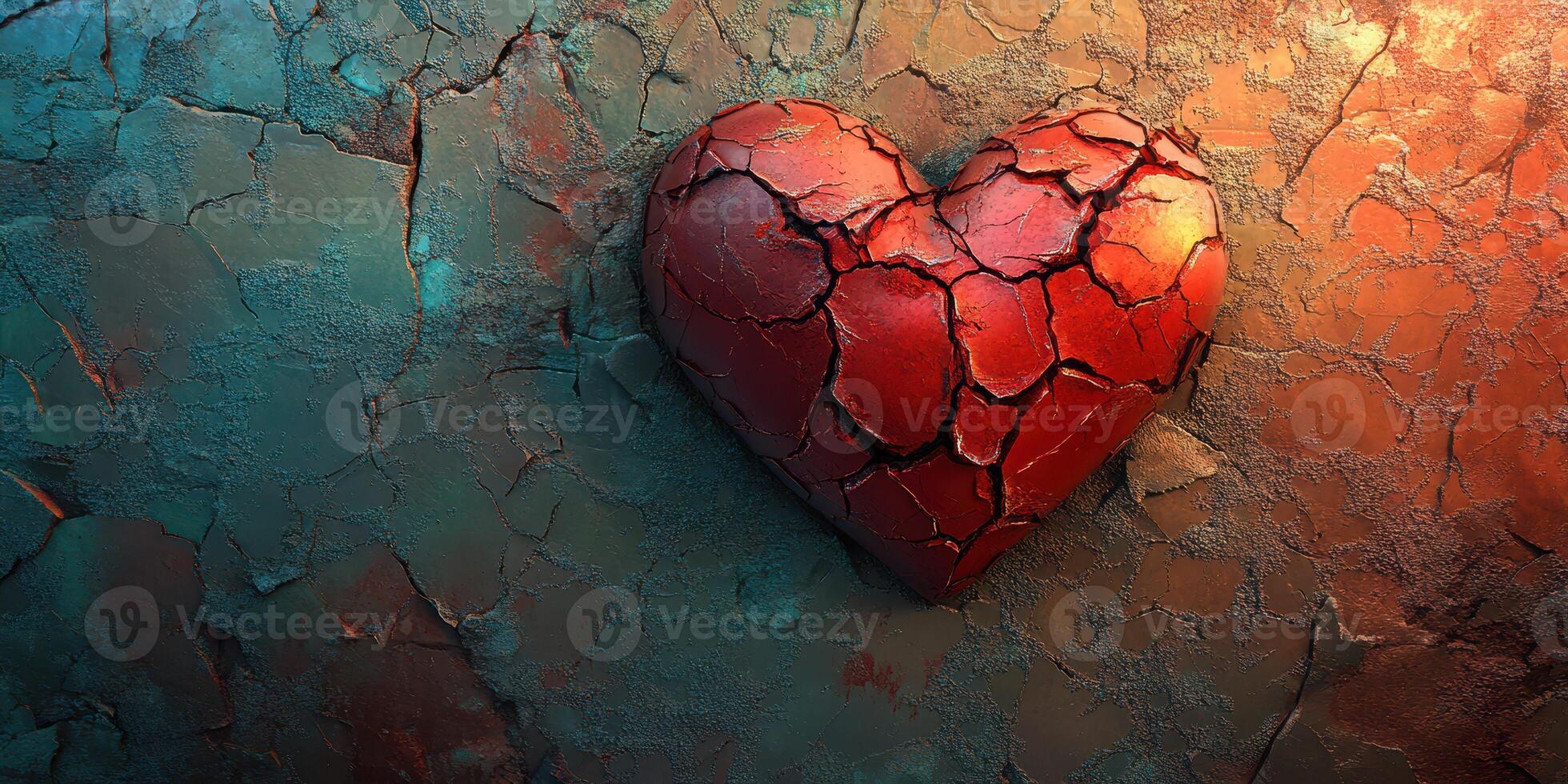 Cracked heart symbolizing resilience against adversity in an artistic background of textured surfaces photo