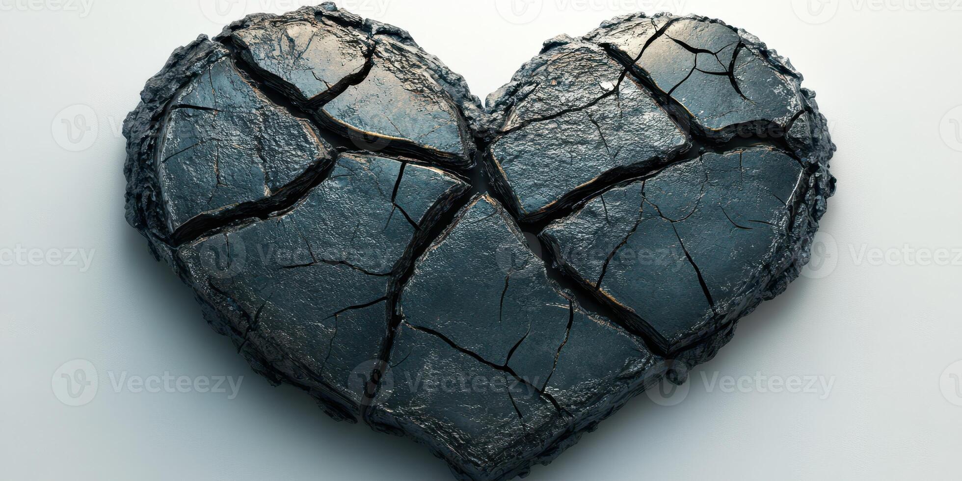 Heart sculpture made of cracked stone rests on a flat surface symbolizing resilience and hardship in lonely moments photo