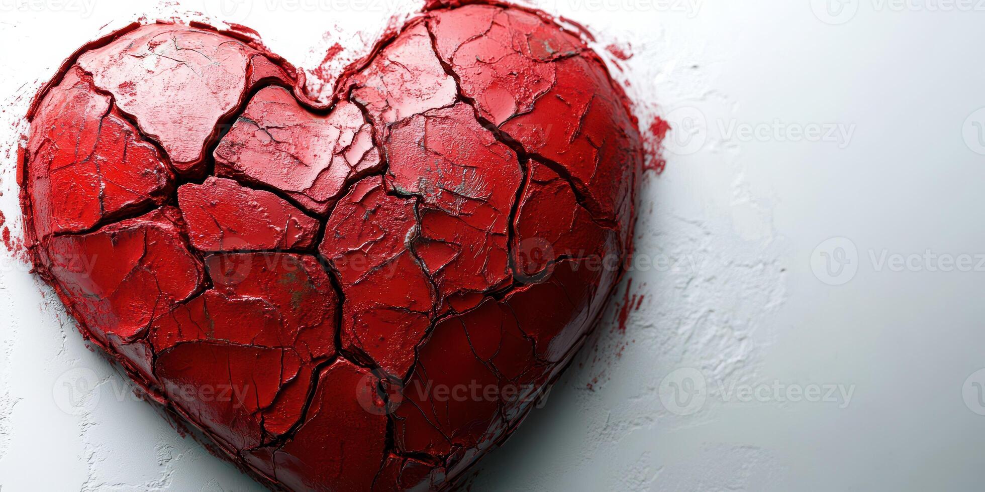 Cracked red heart symbolizing broken love and emotional pain against a light background photo