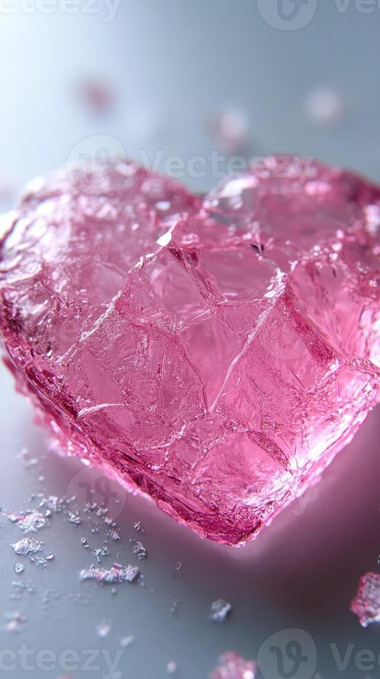 Heart-shaped pink ice cube rests on a smooth surface surrounded by scattered ice fragments photo