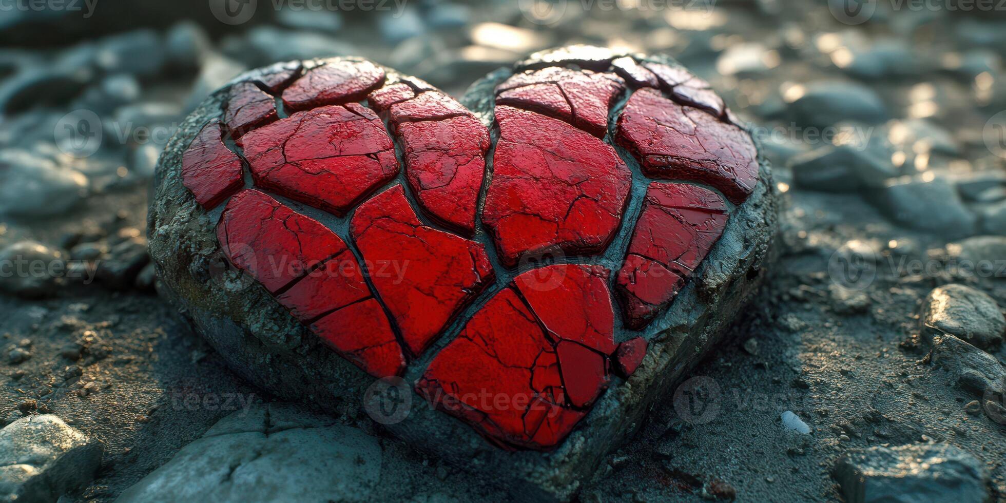 Cracked red heart sculpture resting on a textured stone surface during the golden hour light photo