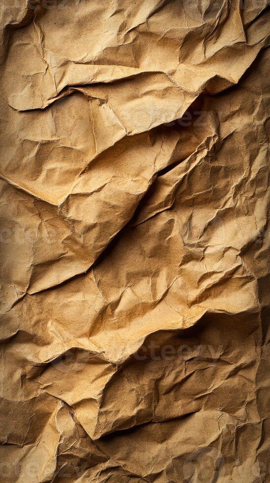 Crumpled brown paper texture captures the nuances of light and shadow in a close-up view photo