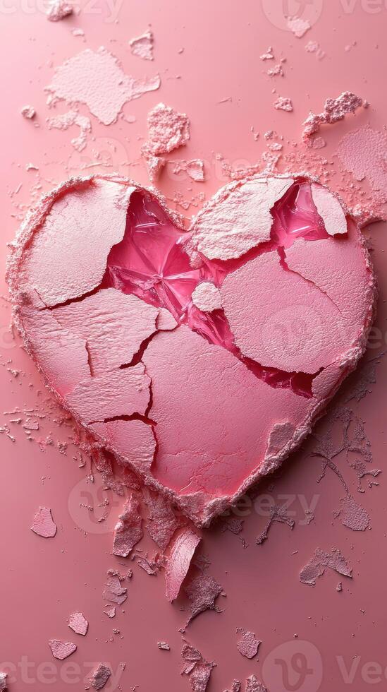 Pink heart shape broken on a vibrant pink background showcasing beauty and creativity in artistic design photo