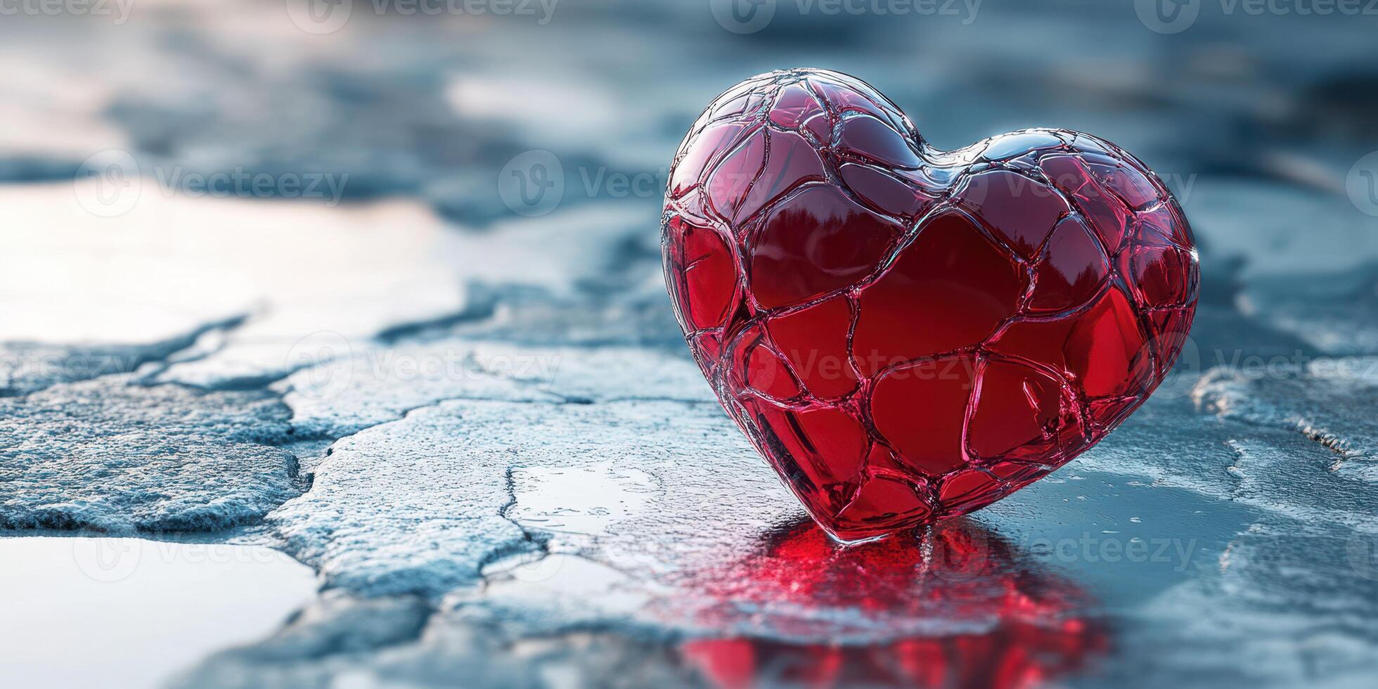 Heart-shaped glass sculpture rests on a textured surface near water in soft light during the early morning hours photo