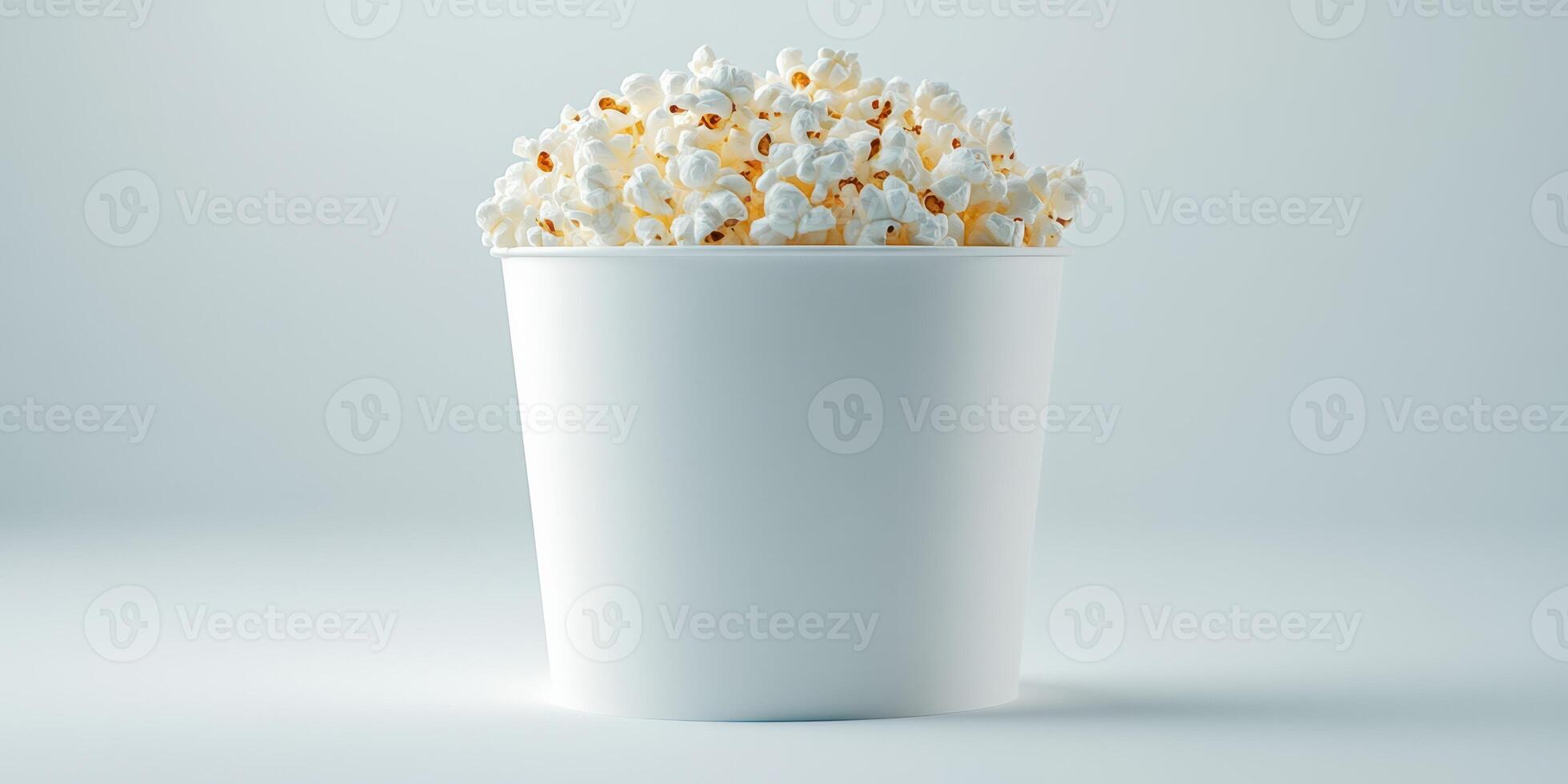 Popcorn overflowing in a white container against a plain background creates a simple yet appetizing visual experience photo
