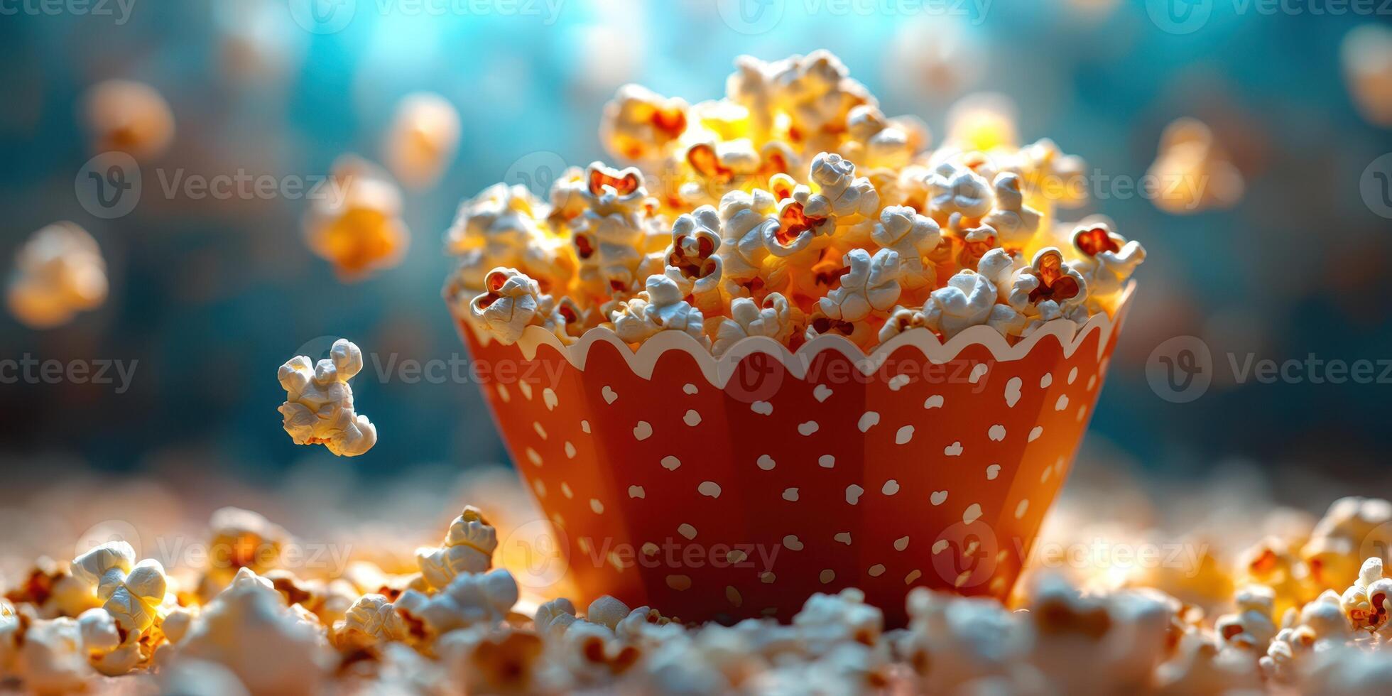 Freshly popped popcorn scattered around a colorful bowl at a lively celebration or movie night photo