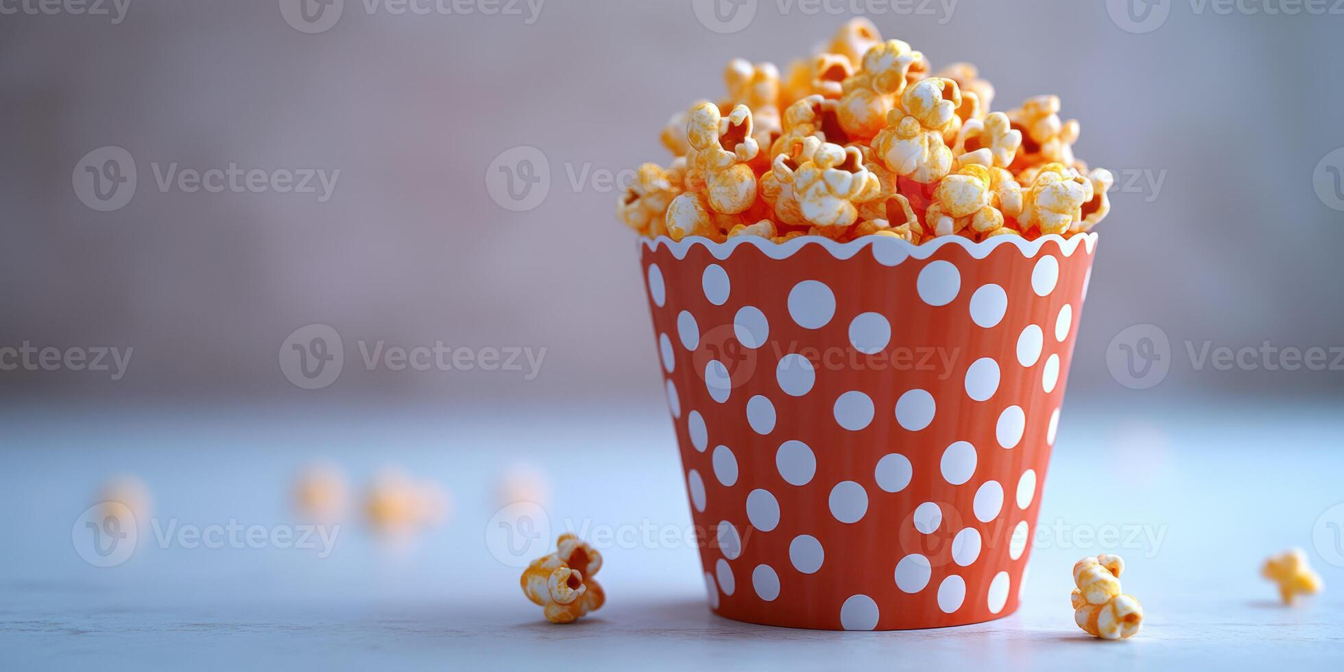 Delicious popcorn in a red and white polka dot container ready for a movie night at home or theater photo