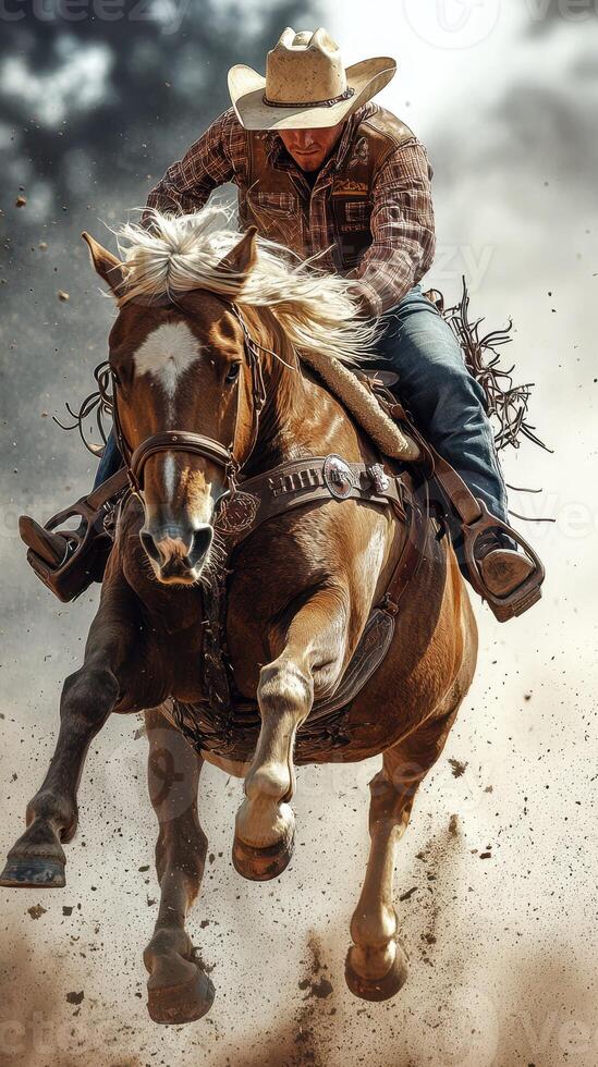 Rider gallops on horseback during an exhilarating rodeo event in an open field photo