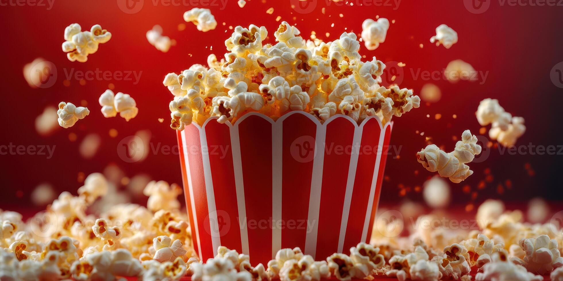 Popcorn bursts out of striped container against a vibrant red background during a movie viewing experience photo