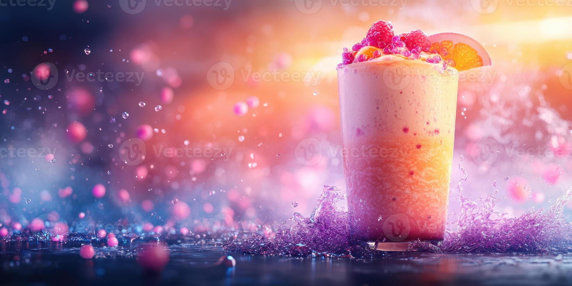 Refreshing berry smoothie with vibrant colors and splashes against a shimmering background photo