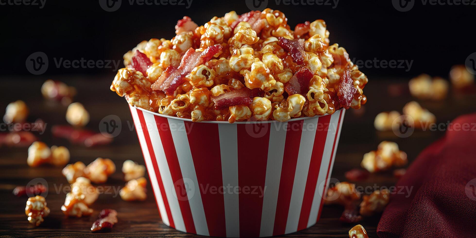 Deliciously tasty bacon popcorn served in a striped container for a perfect movie night snack experience photo