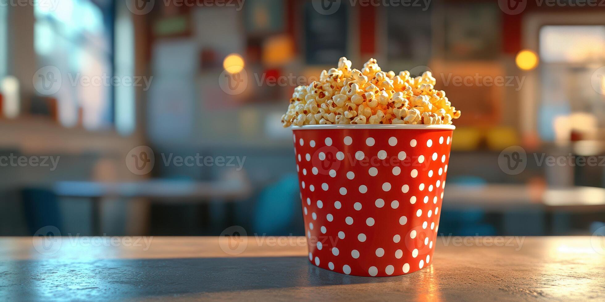 Popcorn served in a red polka dot bucket on a table in a cozy cafe during the evening hours photo