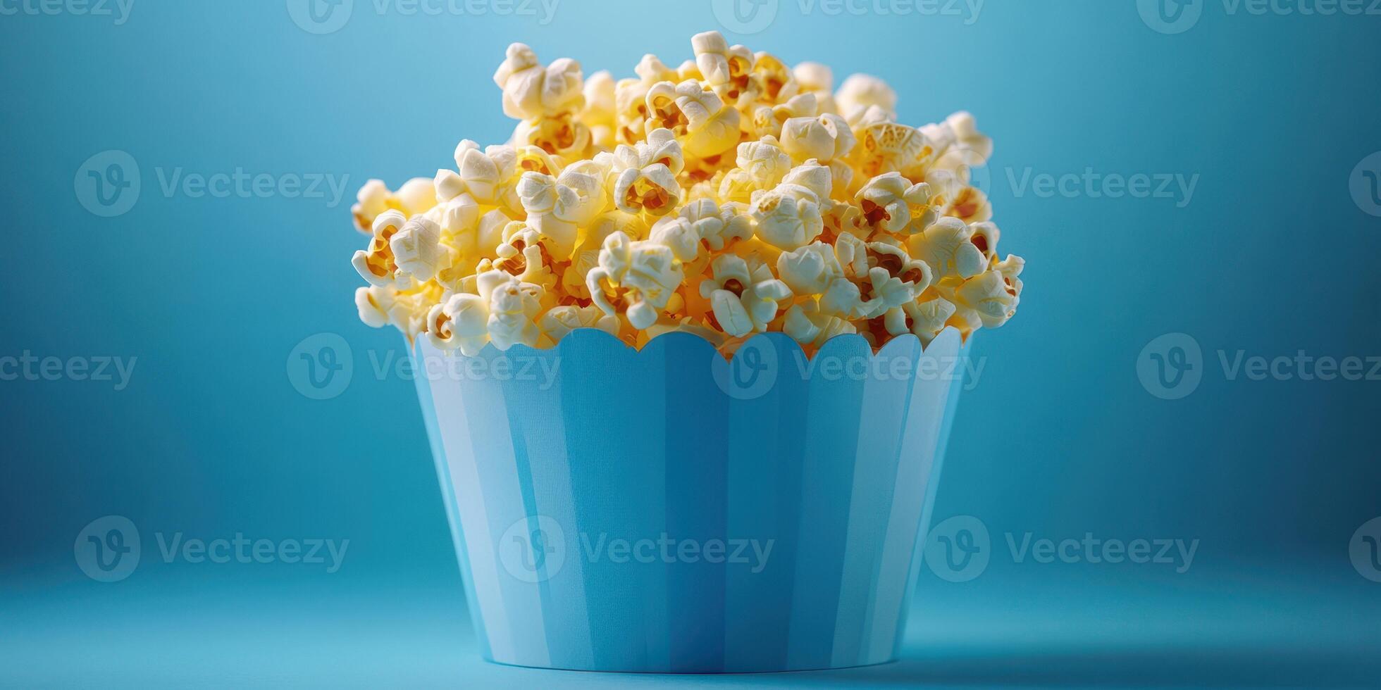 Popcorn in a blue container on a vibrant blue background ready for movie night or a fun snack photo